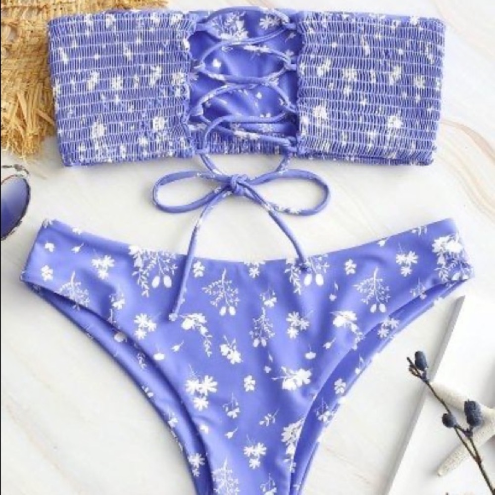 Purple smocked high cut bikini
